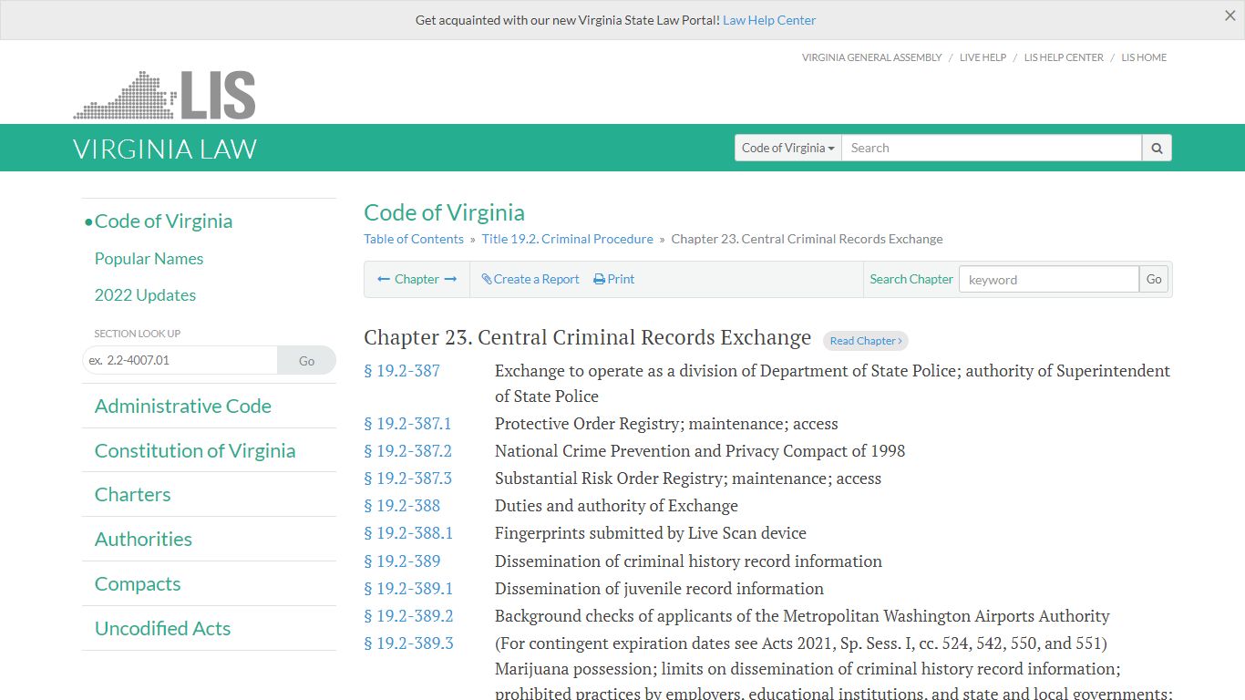 Chapter 23. Central Criminal Records Exchange - Virginia